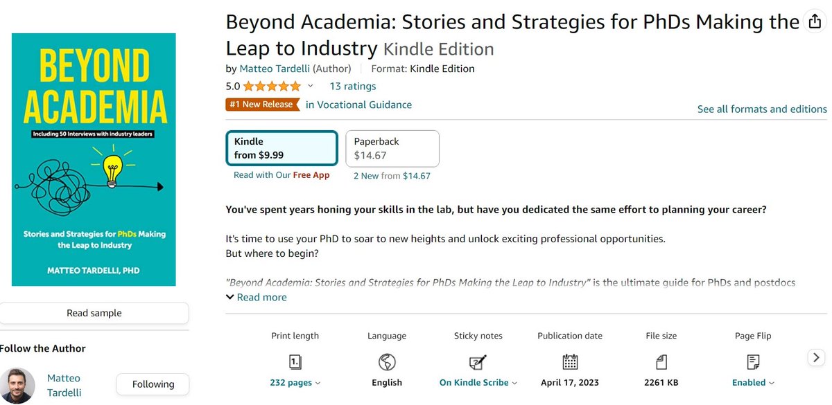 Exciting news! 'Beyond Academia' has sold 100 copies in just a week, become the #1 new release on career development and vocational guidance, and received 17 positive reviews on Amazon. 
Thank you all for your support and Happy Friday! 🎉📚🙌
#phdcareer #beyondacademia