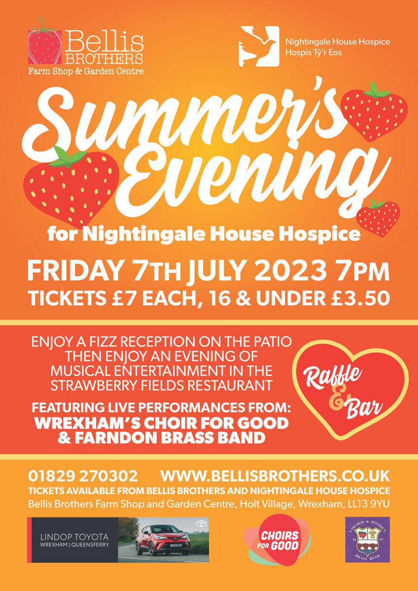 Tickets are now available for our next <a href="/NightingaleHH/">Nightingale House</a>  fundraising evening. We hope you can join us, performing on the evening will be the wonderful Wrexham <a href="/choirsforgood/">Choirs For Good</a> &amp; <a href="/FarndonBand/">Farndon & District Brass Band</a> 
Our Fizz reception has been kindly sponsored by <a href="/LindopToyota/">Lindop Toyota</a>  
#fundraising #wrexham #local