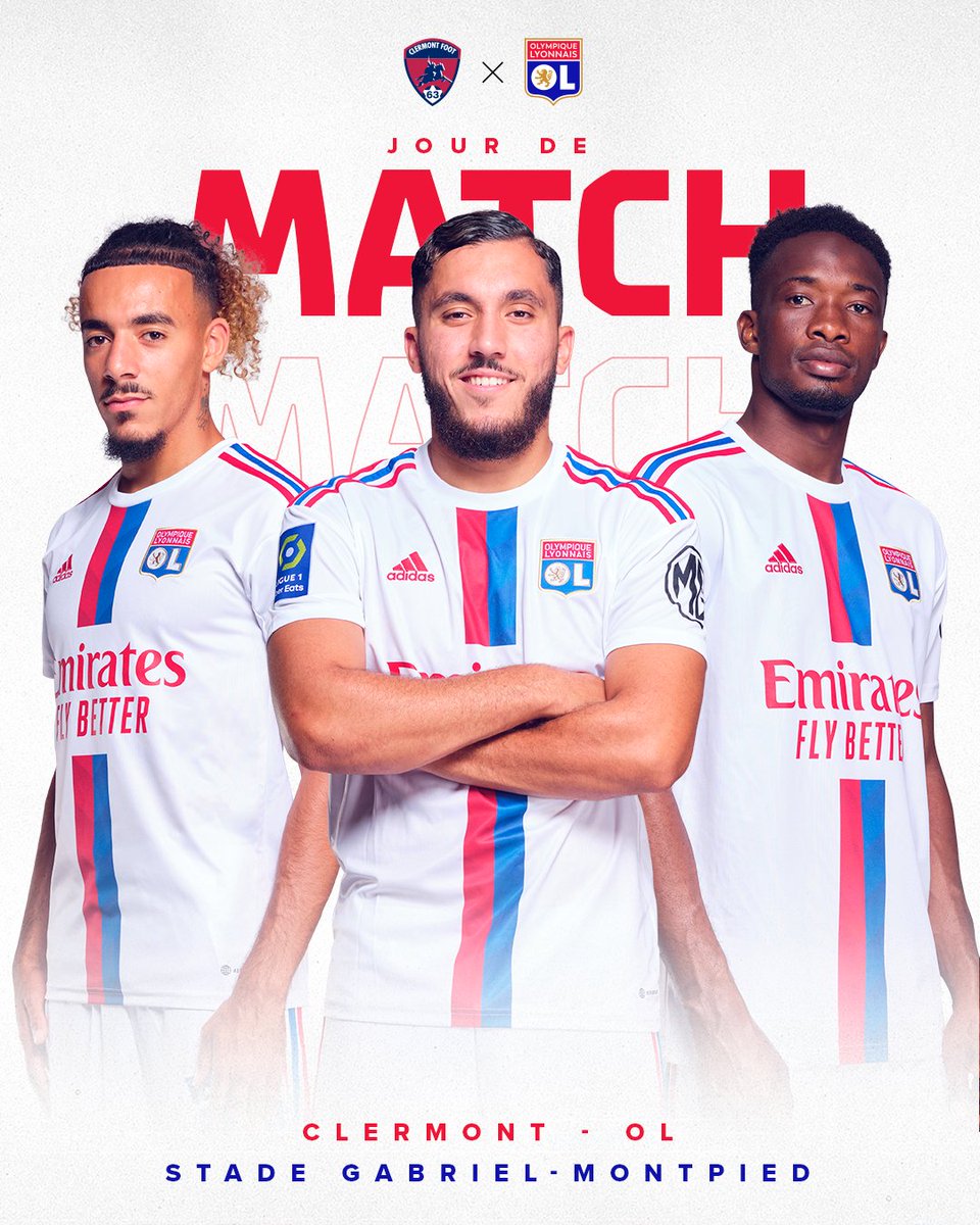 🔴 Jour de match 🔵

⚽ #CF63OL
📆 J35 @Ligue1UberEats
⏰ 13:00
🏟 Stade Gabriel-Montpied
📺 @PVSportFR
▶ @OLPLAY_Officiel : avant-match dès 12h 👉 olplay.fr
📱 #TeamOL

𝐀𝐥𝐥𝐞𝐳 𝐥𝐞𝐬 𝐆𝐨𝐧𝐞𝐬 ! 🦁🔴🔵