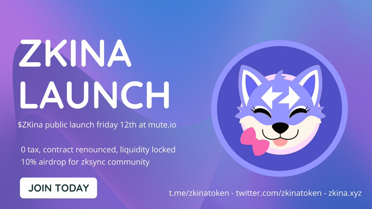 zkinatoken's tweet photo. Today around 17h UTC we launch $zkina on #zksync with the goal of being the first female meme token to lead a network

✅ 0 tax
✅ Liquidity locked 3 months
✅ Contract renounced &amp; verified
�� 16k initial marketcap
✅ 10% airdrop for the zksync community
✅ 5eth initial liquidity https://t.co/BdoUu63HOs