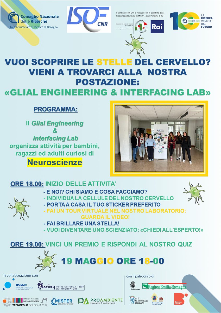 Let's meet the 19th of May with <a href="/Cnr_Isof/">CNR_ISOF</a>
Researchers at the #CNR100 Celebration! Here some of the initiatives will be presented at the Area of Bologna from the Glial Engineering and Interfacing Lab! <a href="/CNRsocial_/">CNR Consiglio Nazionale delle Ricerche</a>