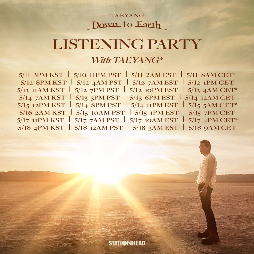 Realtaeyang's tweet image. 🎧D.t.E LISTENING PARTY🎧

Down to Earth listening party continues this week through 5/18!

Follow TAEYANG’s official @stationhead account to stream the album and chat with TAEYANG!

▶️ stationhead.com/taeyang

#TAEYANG #태양
#DowntoEarth #Seed #Shoong #DtElisteningparty
