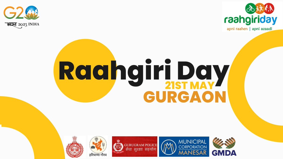 DC_Gurugram's tweet photo. Come join us on this Raahgiri Day on 21 May to reclaim the roads of Gurugram. This event will also be attended by the Hon'ble Chief Minister of Haryana Shri Manohar Lal.

#RaahgiriDay #Gurugram #Haryana https://t.co/9PTywlWOSc