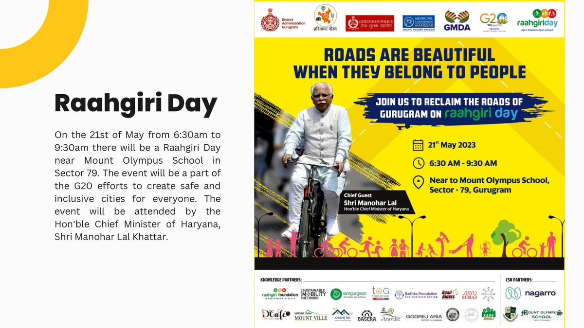 DC_Gurugram's tweet photo. Come join us on this Raahgiri Day on 21 May to reclaim the roads of Gurugram. This event will also be attended by the Hon'ble Chief Minister of Haryana Shri Manohar Lal.

#RaahgiriDay #Gurugram #Haryana https://t.co/9PTywlWOSc