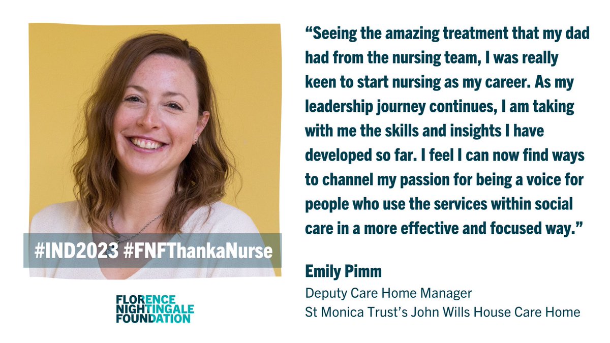 This International Nursing Day we want to say thank-you to all our amazing nurses, like @PimmEmily, #socialcare nurse at @St_Monica_Trust (+ FNF alumna), who shares her story in our latest #blog: 

florence-nightingale-foundation.org.uk/international-…
 
#IND2023 #FNFThankaNurse