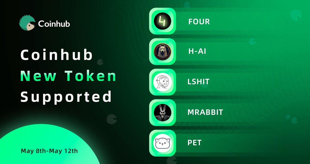 May 8th - May 12th: New #Tokens listed on #Coinhub this week. Coinhub multi-chain decentralized wallet, your gateway to Web3. 📥coinhub.org @HuskyAI_BSC @LayerShit @HelloPetsLabs @4thecoin @MRABBITOfficial #fourcoin #Memes #MemeCoinSeason