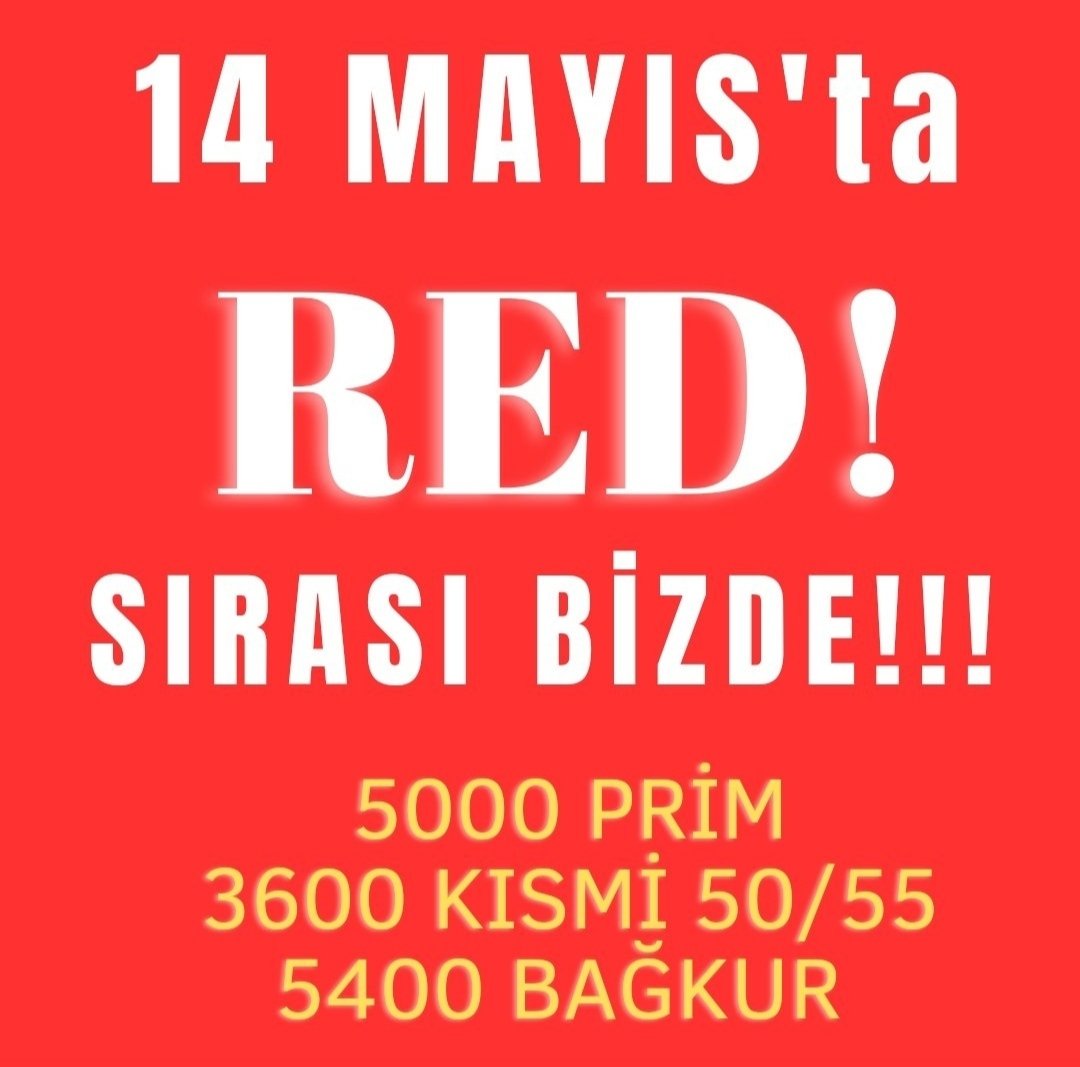 Verilen sözler tutulmadı;
5000 Prim Günü,
Kısmi Emeklilik,
ABO,
Staj,
İntibak,
Bağkur mağduriyetleri bitmedi.

Bizler halkız, Milli İradeyiz.
Millet iradesi her türlü makamdan yücedir.

Sandıkta OYUMUZ geride kalan mağduriyetler için olacaktır.
#Oyum5BinKısmiAboya