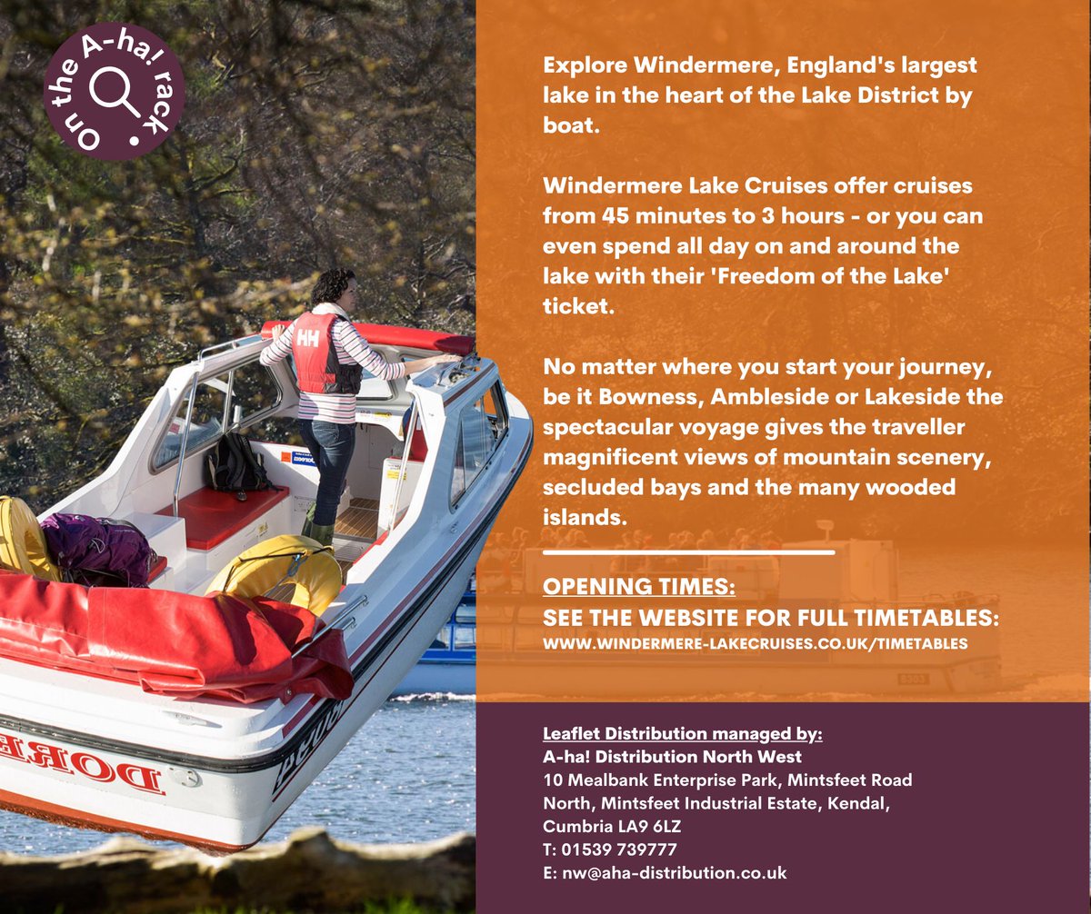 This week we are excited to showcase Windermere Lake Cruises – one of our fantastic clients!

If you would like to advertise your venue or attraction across the Lake District, get in touch with us today!

aha-distribution.co.uk/contact/