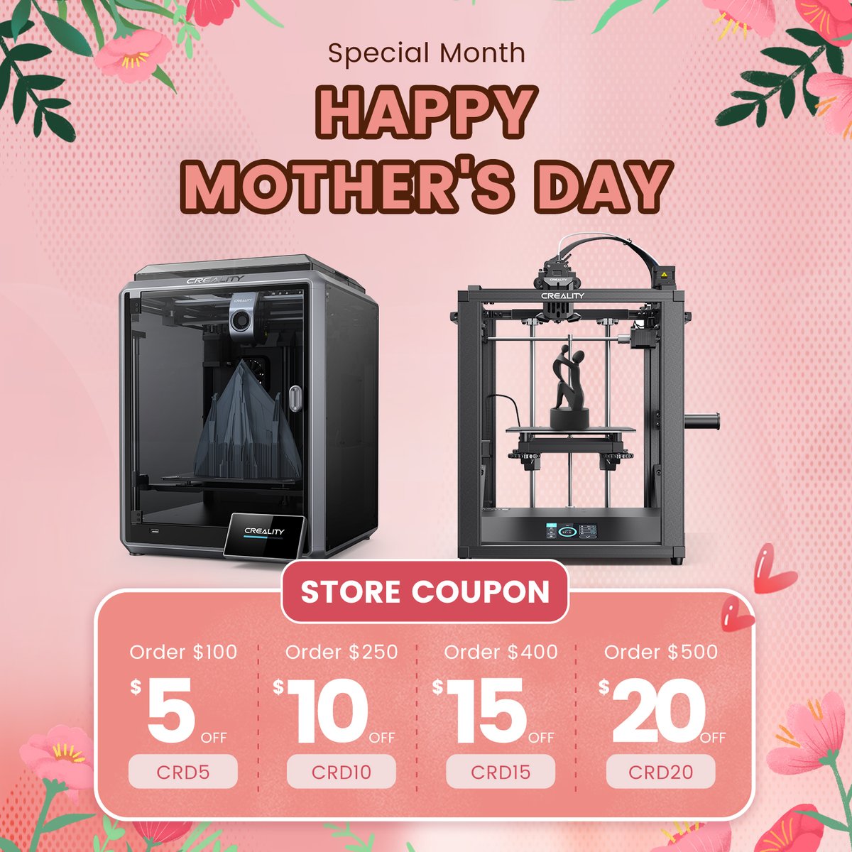 Mother's Day Sale🌷🌹10-30% OFF Use COUPONS to save more for your mum🌹👩‍👦 Global Store: bit.ly/44Kjezf EU Direct: bit.ly/eumdsale UK Direct: bit.ly/ukmdsale #3dprinting #3dprinter #fdm #resin #filament #mothersday #MothersDaySale #creality #ender3