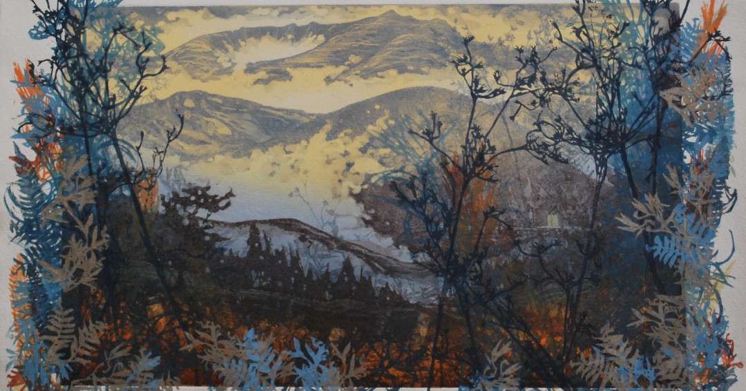 KITTY WATT
“Autumn Mist, Lochnagar”
Mixed media
33 x 53 cm
Framed size 58 x 78 cm

#printmaking #exhibition #art #aberdeen #lochnagar #mountains #landscape