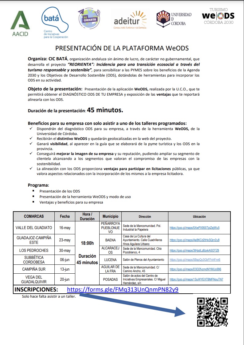 adeitur's tweet image. ¿Quieres saber si tu empresa se adapta a los ODS? 🌍Te invitamos  a la presentación de la aplicación WeODS, realizada por la U.C.O., que te permitirá obtener el DIAGNÓSTICO ODS DE TU EMPRESA 📑 y exposición de las ventajas que te reportará alinearla con los ODS.📈
Inscríbete.