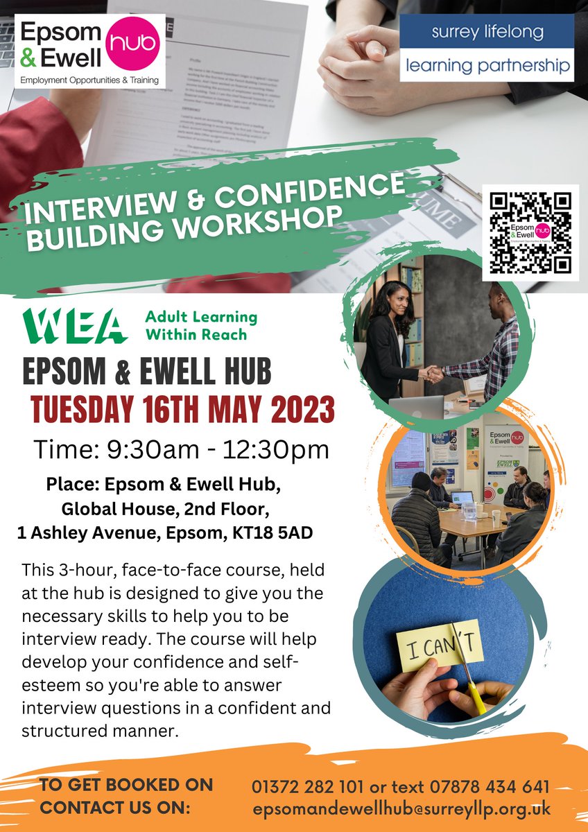 EpsomEwellHub's tweet image. Last couple of spaces available for the FREE Preparing for an Interview and Building Confidence session, taking place on Tuesday 16th May at 9.30am-12:30pm at Epsom &amp;amp; Ewell hub. Get in touch to register! 

#InterviewPreparation #BuildingConfidence #GettingJobReady