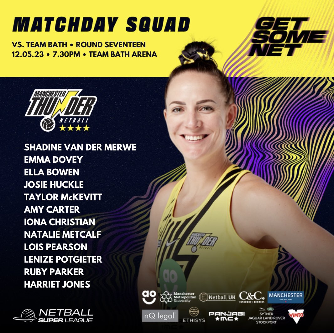 Friday Night Netball! Our squad to face @TeamBathNetball live on @SkyNetball 730pm How good is it to see @ShadineVDM back in the squad? 💛🖤 #NSL2023