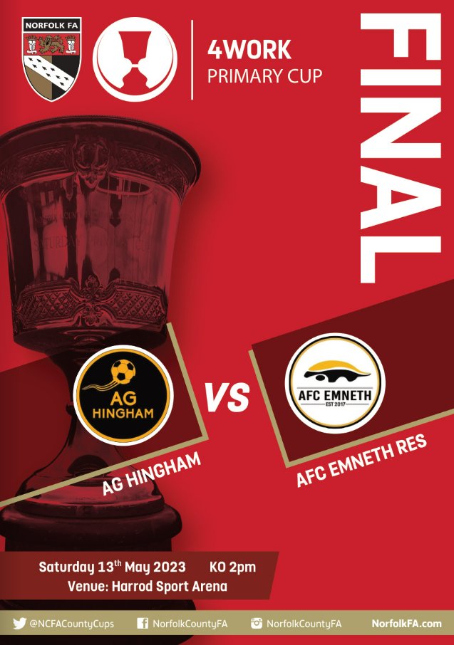 Everything you need to know ahead of this season's <a href="/4Work15/">4 Work</a> #PrimaryCup Final between @AGHinghamFC and <a href="/AFCEmneth/">The Honey Badgers</a> Reserves! #NorfolkFootball ⚽️🏆

The programme 👇
book.flipboxapp.net/client/the-4wo…