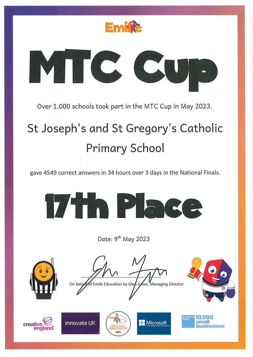 Congratulations to all the children who took part in the MTC (Multiplication) Cup at SJSG in May 2023. We came 17th out of 1000 schools! 🎉#olicatcommunity