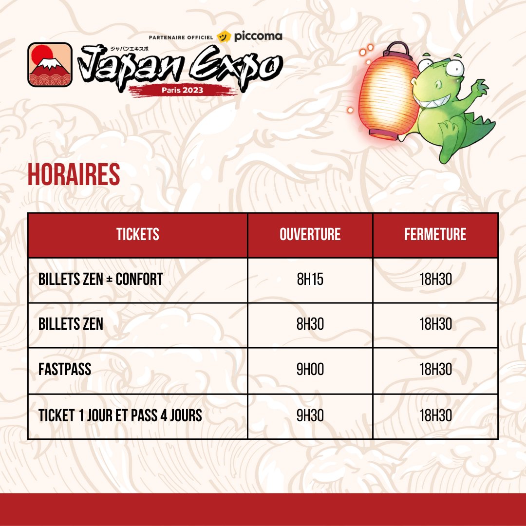 💡 INFOS PRATIQUES

Le saviez-vous ? Les horaires de Japan Expo ont changé et sont différentes selon votre ticket ⌚

🔗 japan-expo-paris.com/fr/menu/guide-…