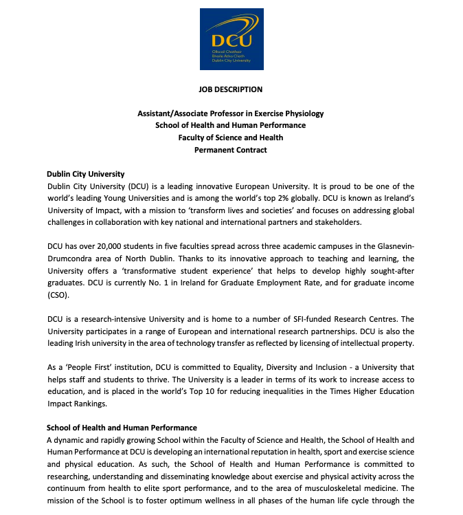 📢Job Vacancy- Assistant/Associate Professor in Exercise Physiology (permanent contract). Applications close 31st May. Assistant Professor (Lecturer Above Bar) - €58,629 - €93,957* Associate Professor - €82,691 - €108,990 More information below: tinyurl.com/yh8f555d