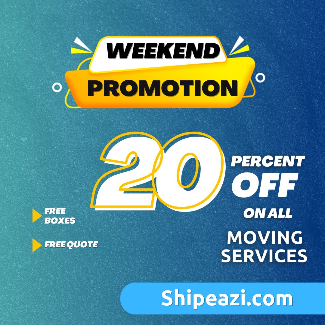 shipeazi's tweet image. Relocating this weekend? Don’t miss on this amazing deal 🤩, Get up to 20%🕺🏻💃🏻 discount on any moving service you choose. #movingspecial #movingdiscount #relocationpromotion #relocationdiscounts