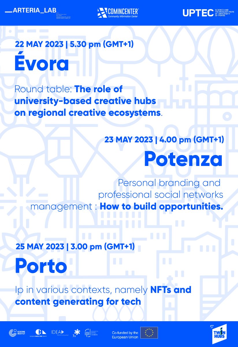 Three workshops coming up with European partners. In the framework of the twins hub  @CreativeHubsNet project, we thought together with our friends from <a href="/uptecporto/">UPTEC</a>  and <a href="/ArteriaLab/">Arteria Lab</a> , to create three meeting dedicated to our communities. Info at the link urly.it/3v3_9