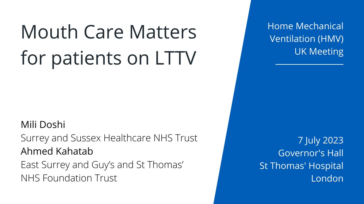 Milli Doshi + Ahmed Kahatub will be presenting the 'Mouth Care Matters for patients on LTTV' session at our upcoming Home Mechanical Ventilation Meeting on 7 July

Book here today: bit.ly/3MEyIy0

<a href="/uk_hmv/">HMV-UK</a> <a href="/MiliDoshi7/">Mili Doshi</a> @NHSLeader <a href="/DrPBMurphy/">Patrick Brian Murphy</a> #respiratory #HMV #HMVUK23