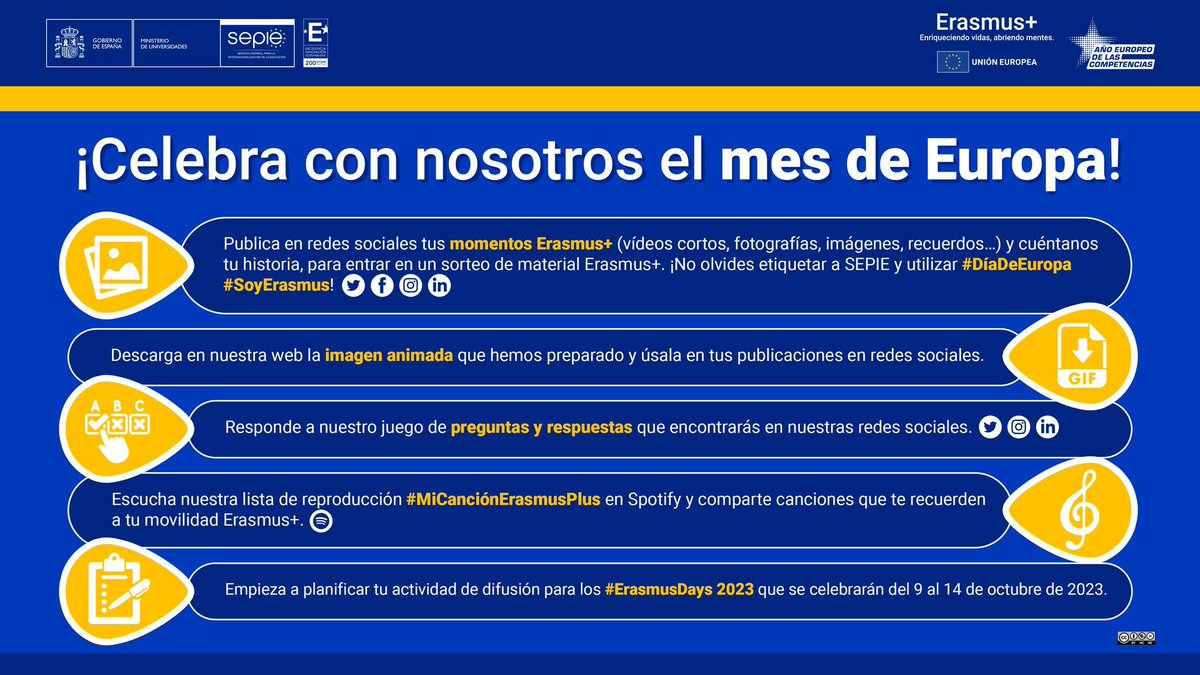 sepiegob's tweet photo. 🇪🇺 #MesDeEuropa 2023.    

Durante todo el mes de mayo podrás participar en las iniciativas que te proponemos en nuestra infografía. Entra en el sorteo que realizaremos de material.

https://t.co/MJeYjdUyca

¡Etiquétanos y utiliza los hashtags #DíaDeEuropa y #SoyErasmus! https://t.co/FqOoVZUaMd