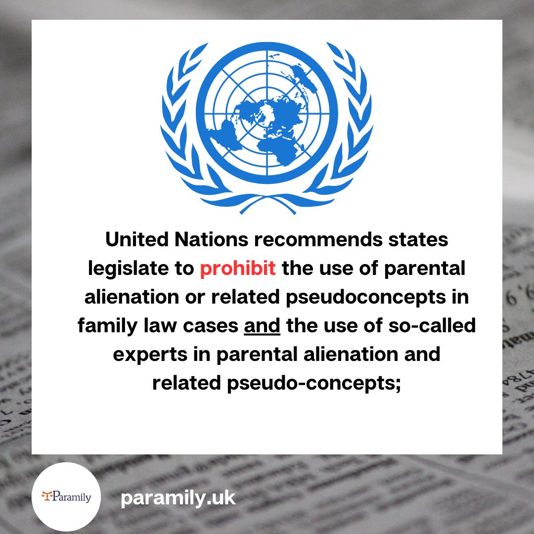BIG NEWS!!!
The United Nations has recommended that pseudoscientific so-called 'parental alienation' theory should be PROHIBITED by states, and that states PROHIBIT so-called PA experts being used.

Read the full report here:

bit.ly/42vxrOT