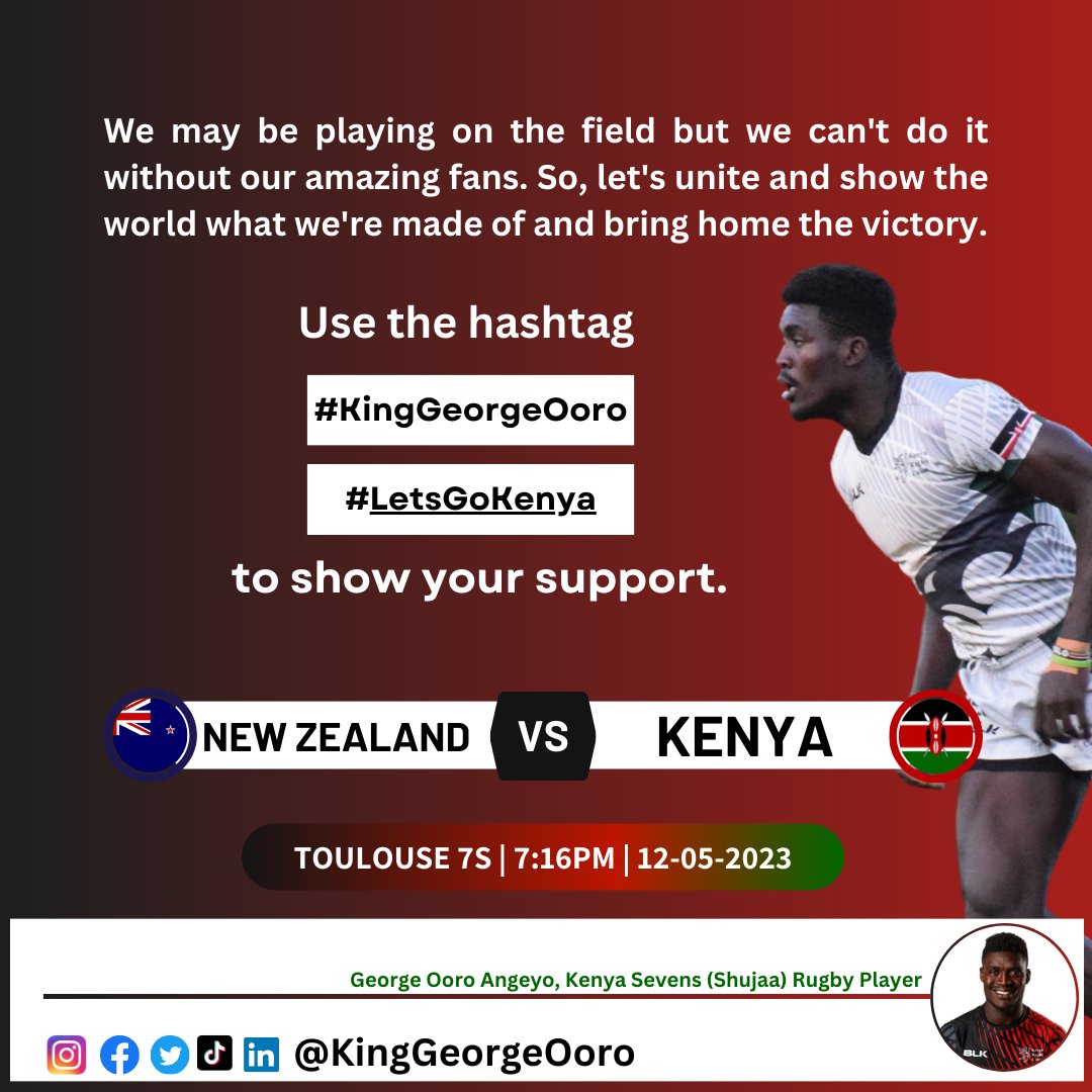 🇰🇪 Let's rally together and support the Kenya Shujaa rugby team at Toulouse 7s campaign. #KingGeorgeOoro #LetsGoKenya #rugby #toulouse7s #Kenya #Uruguay #NewZealand