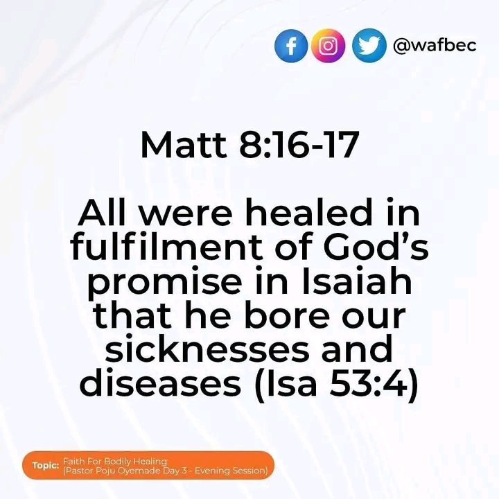 TCNPhcity's tweet image. 𝐈𝐭 𝐈𝐬 𝐆𝐨𝐝’𝐬 𝐖𝐢𝐥𝐥 𝐟𝐨𝐫 𝐘𝐨𝐮 𝐓𝐨 𝐁𝐞 𝐇𝐞𝐚𝐥𝐞𝐝
🎯 Matt 8:16-17: All were healed in fulfilment of God’s promise in Isaiah that he bore our sicknesses and diseases (Isa 53:4)

Thank you @wofbec for the reminder.

#ThecovenantNation #Healing #Yourinheritance