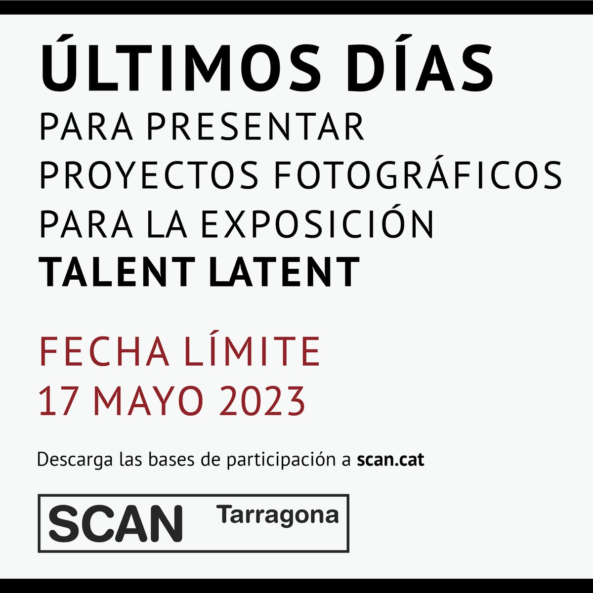 scantarragona's tweet photo. 📷Recta final de la convocatoria internacional #TalentLatent 2023.
📆Tienes tiempo de presentar tu proyecto hasta el 17 de mayo de 2023.
➡️Recuerda que la temática de este año es la #trazas.
🔗Consulta las bases: https://t.co/W755rXTnjI #SCANTarragona #FestivaldeFotografia https://t.co/rcgmPMc2WX