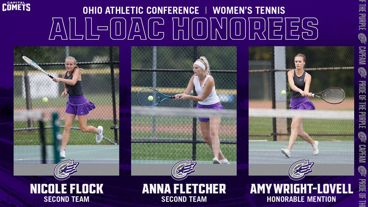 cap_athletics's tweet photo. .@CapUTennis1 and @CapitalMTEN boast four combined All-OAC honorees! Congratulations to Nicole Flock (2nd), Anna Fletcher (2nd), Amy Wright-Lovell (HM), and Thomas Secrist (HM).
WOMEN: https://t.co/juvrKuO6kP
MEN: https://t.co/F0yN6vJbbg
#CapFam | #CapWTEN | #CapMTEN | #POTP https://t.co/tO9hpj2XZq