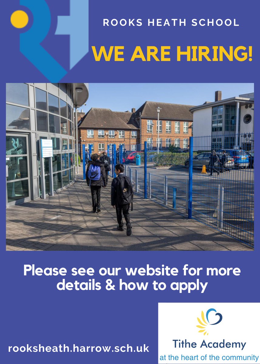 We are hiring!
See website for more details or follow the link below:
rooksheath.harrow.sch.uk/page/...
#recruitment #jobvacancies #wearehiring #rooksheathschool