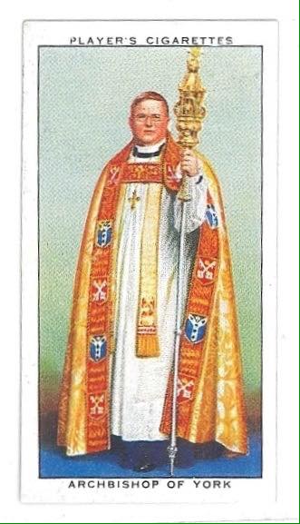 MarkHamid's tweet photo. @DrFrancisYoung An fascinating resource - thank you!

One small point for further research: the reverse of this cigarette card (I know!) states that "in 1911 the then Archbishop of York preached the Coronation Sermon", so that element may well have been more recently abandoned than 1902. https://t.co/EIbvkydrNu
