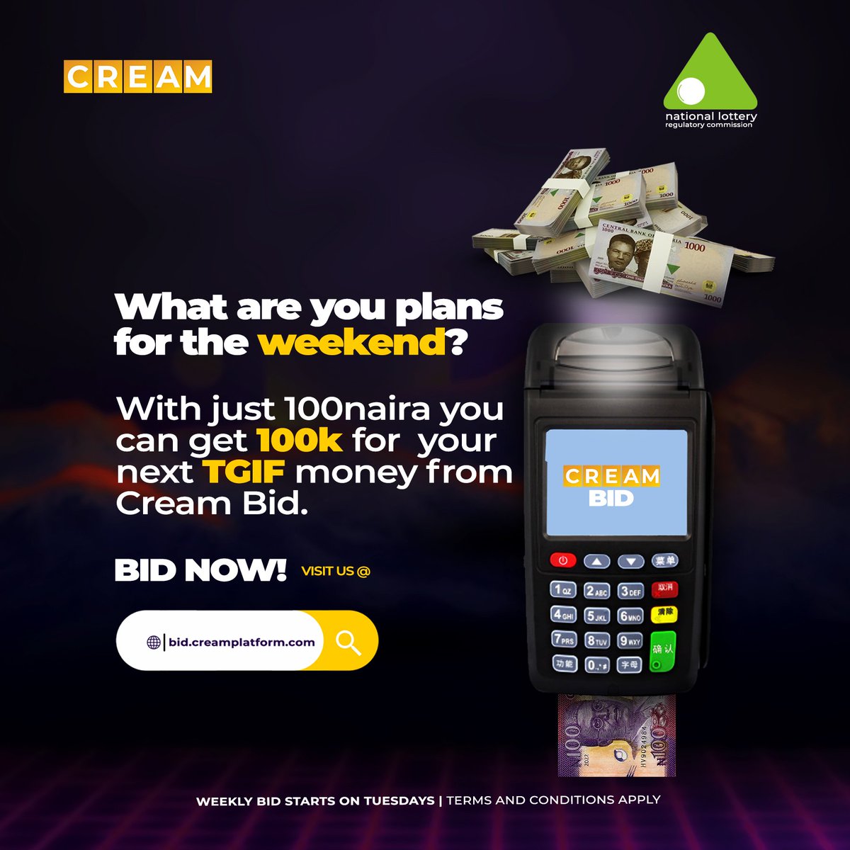 CreamBid's tweet photo. What are your plans for the weekend? Have you placed your bid to get your tgif money?😉 Visit the link in our bio to get your money!
#creamplatform #creambid #tgif https://t.co/d6L2w71eVq