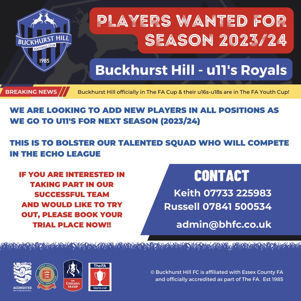 buckhursthillfc's tweet photo. PLAYERS WANTED - Under 11's Royals https://t.co/cjwy0JVi7i