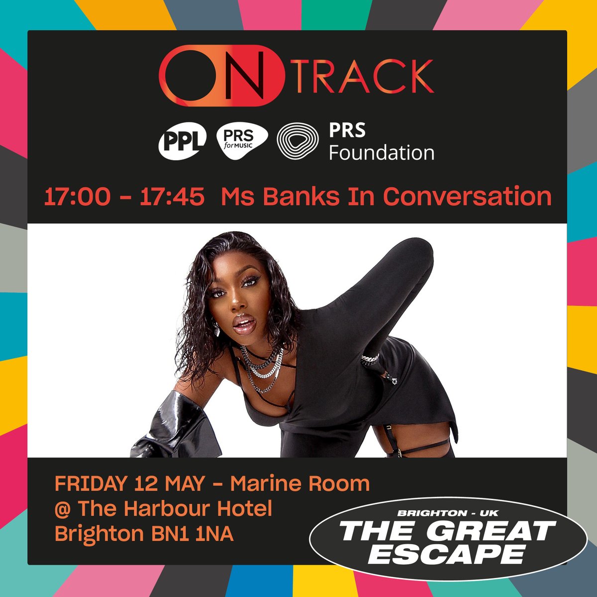 PRSforMusic's tweet image. #OnTrack at #TGE23 - 5pm at Harbour Hotel

Join multi-award winning artist @MsBanks alongside manager Maria Lane (@tapmusic) as they discuss Banks’ career, their experiences as women working in music and more. prs.info/owL650OltYy

@thegreatescape @PPLUK @PRSFoundation #TGE