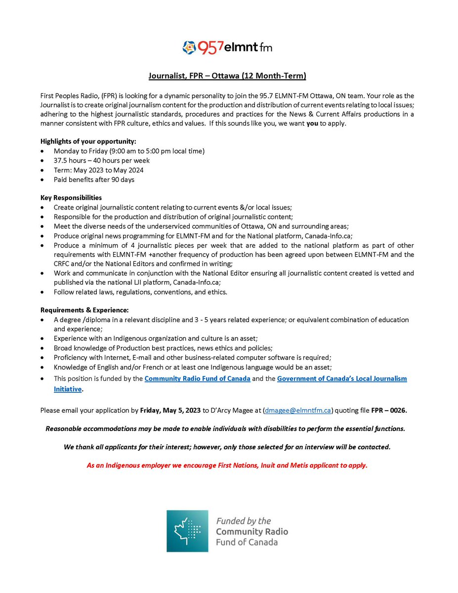 Jess_Brando's tweet photo. Interesting job for a journalist in Ottawa with 95.7 elmnt fm.  Check out the attached doc for more details (apply now...it's closing v. soon!) https://t.co/fywWPAgS39