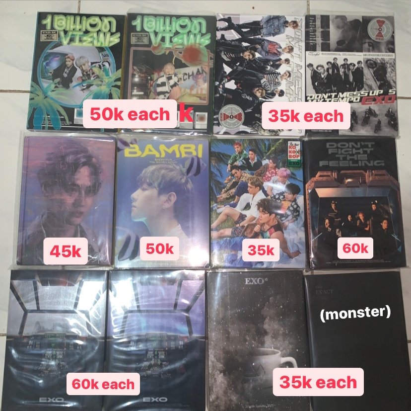 jetlaggrup's tweet photo. WTS 
JUAL ALBUM EXO MURAH 
1 billion view 50k
don't mess up my tempo 35k
baekhyun bambi 50k
kokobop 35k
don't fight the feeling 60k
universe 35k
ex'act monster 35k
suho self potrait 45k
obsession 60k
lay sheep dm
loose control 90k
ex'act lotto 35k
the war power 50k
lay exodus 35 https://t.co/sRYOaGaHlR