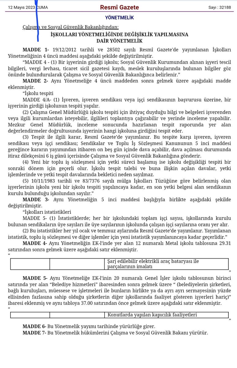 Bugünkü Resmi Gazete’de yayınlanan “İşkolları Yönetmeliğinde Değişiklik Yapılmasına Dair Yönetmelik” değişikliğiyle, Çalışma ve Sosyal Güvenlik Bakanlığı, aleyhine sonuçlanan yüzlerce yargı kararını ortadan kaldırarak belediyecilik hizmetini de belediyede çalışan emekçileri de