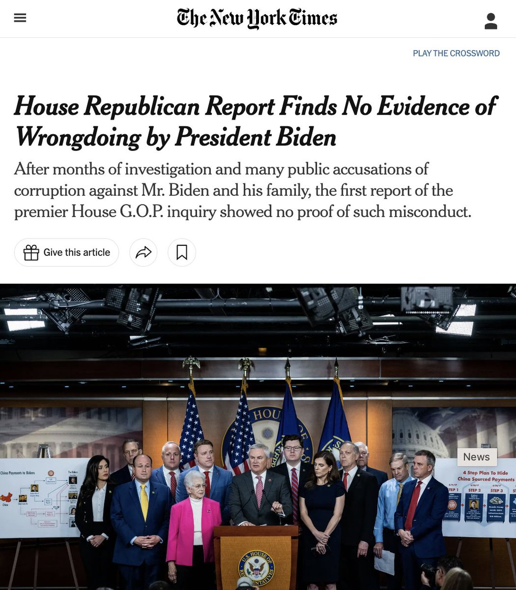 As Republicans continue to go from TV network to TV network accusing President Biden of crimes to deflect from criminals inside their own party, here's a reminder that just 2 days ago the House GOP's own report found no evidence to support their claims. nytimes.com/2023/05/10/us/…