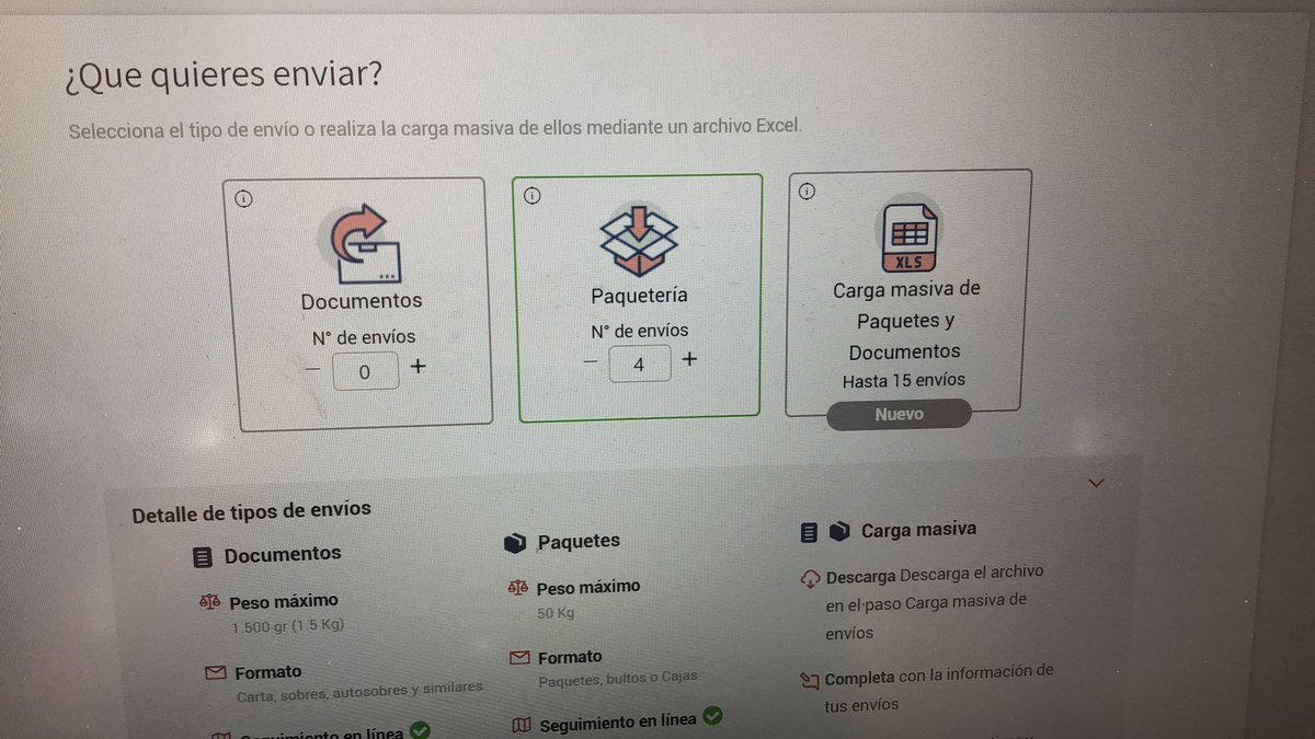 javierabianchi's tweet photo. @correoschile hola! necesito hacer un envío de 4 paquetes desde una misma dirección particular hacia otra dirección particular (todos mismo destino), ambos en stgo. para hacerlo vía web necesito agregar cada paquete por separado y poner 4 N. de envíos (foto)? gracias! https://t.co/SK7h6ffpoR