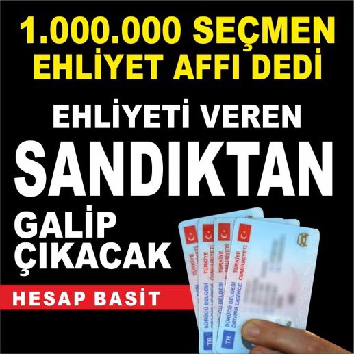 Bizim derdimiz kart parçası değil. Bizim derdimiz; Vatan,Millet,Aş,İş,Huzur.💚
EhliyetAffı Ailesinin Potansiyelini Geçtiğimiz Günlerde Tüm Siyasiler Gördü Sanırım. Artık TAM Zamanı.‼️SandıktanEhliyet AffıÇıkacak
Hastaneye,cenazeye,düğüne ve sosyal hayatımıza çok zarar veriyor