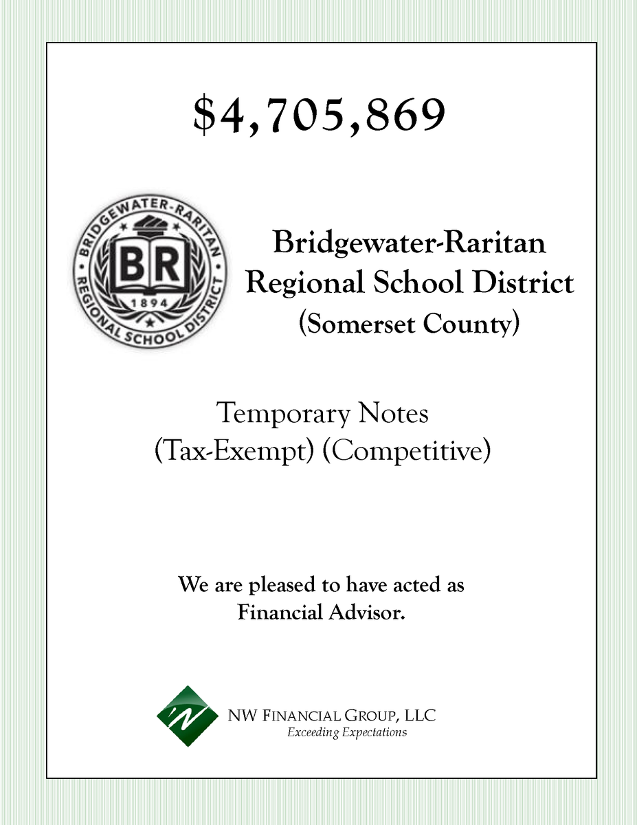NWFinancialGrp's tweet photo. NW Financial served as Financial Advisor to the Bridgewater-Raritan Regional School District on the following Note transaction which closed on May 11, 2023.

#financialadvisor #financialconsulting #municipalfinance  #nwfinancial #brrsd #bridgewater #somersetcounty #newjersey https://t.co/y2fWQToB99