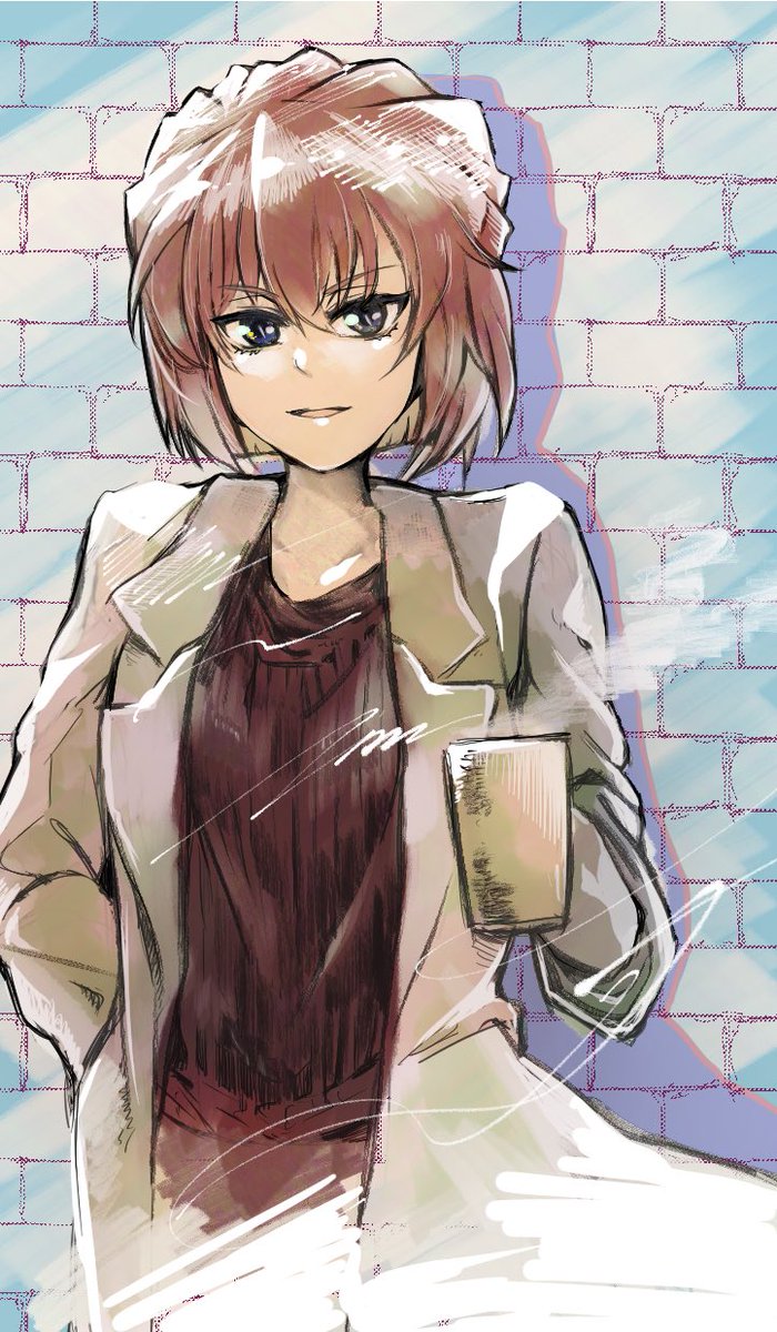 1girl solo short hair brown hair looking at viewer holding cup  illustration images