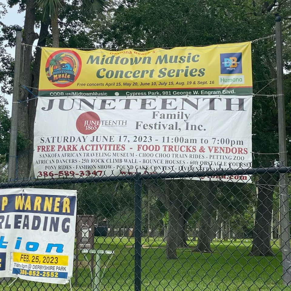 Juneteenthdab's tweet photo. Let the countdown begin. The banners are up and the Daytona Beach Juneteenth Committee is hard at work to make the 2023 festival the largest and best yet! 

Saturday, June 17 • 11a - 7p
Cypress Park
925 George Engram Blvd
 Daytona Beach, FL
https://t.co/zPArsbbF2j
#Juneteenth https://t.co/3cifvKgGli