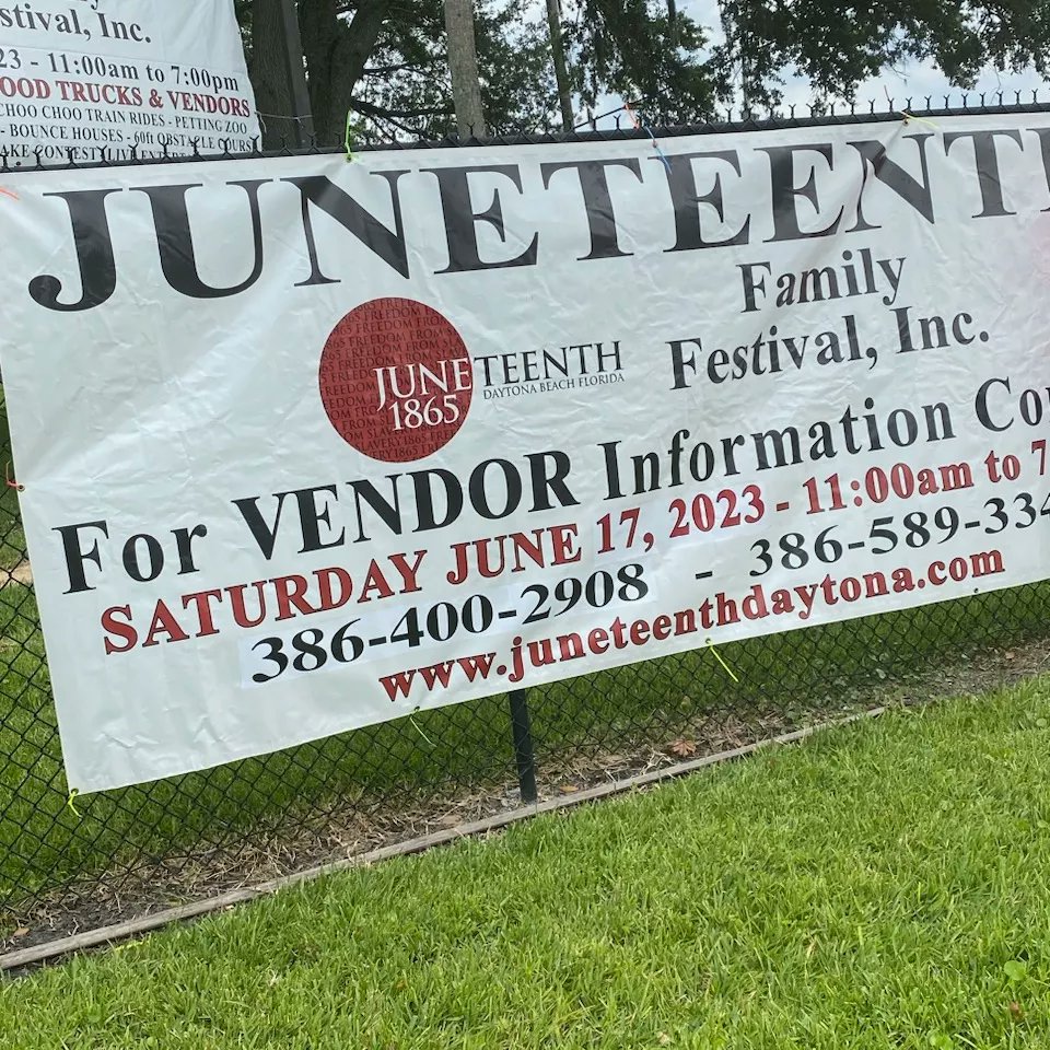 Juneteenthdab's tweet photo. Let the countdown begin. The banners are up and the Daytona Beach Juneteenth Committee is hard at work to make the 2023 festival the largest and best yet! 

Saturday, June 17 • 11a - 7p
Cypress Park
925 George Engram Blvd
 Daytona Beach, FL
https://t.co/zPArsbbF2j
#Juneteenth https://t.co/3cifvKgGli
