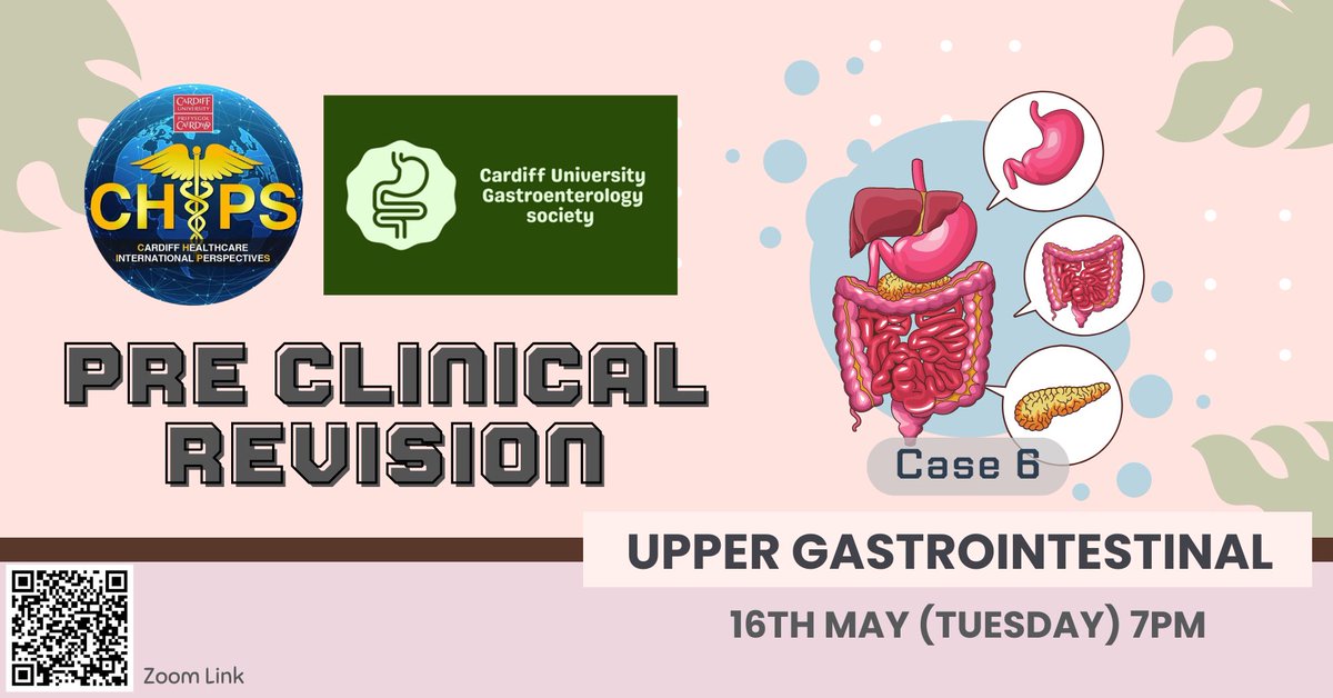 chips_cardiff's tweet photo. PRE CLINICAL REVISION: Case 6 Upper GI
In collaboration with Cardiff University Gastroenterology Society 

📆 16th May 2023 (Tuesday)
🕕 7PM (BST)
🔗 https://t.co/EeJpsTTCFj https://t.co/iYXFzQT52d