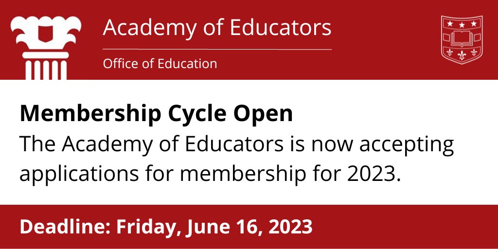 Seeking applications for membership in @WashUAcadEd The Academy of Educators at #WUDeptMedicine is a collaboration of educators who foster a culture of educational excellence & valued community of leaders in health science education. Click for more > ow.ly/bJZ250OmE3t