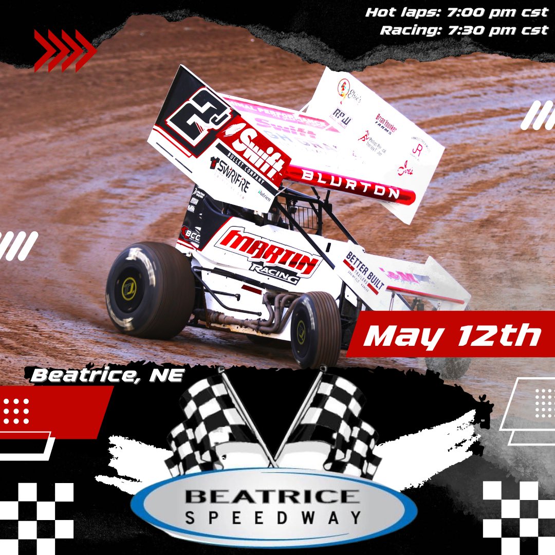 🏁 It’s RACEDAY!
👉🏻 IMCA 305
📍 Beatrice Speedway
🌎 Beatrice, Nebraska
🗓 5/12/23
⌚️ 7:00 PM CST
The ASCS races have been rained out. With already being in Wichita to get the midget wrapped, we have decided to go onto Beatrice, Nebraska tonight and 81 Speedway tomorrow night.