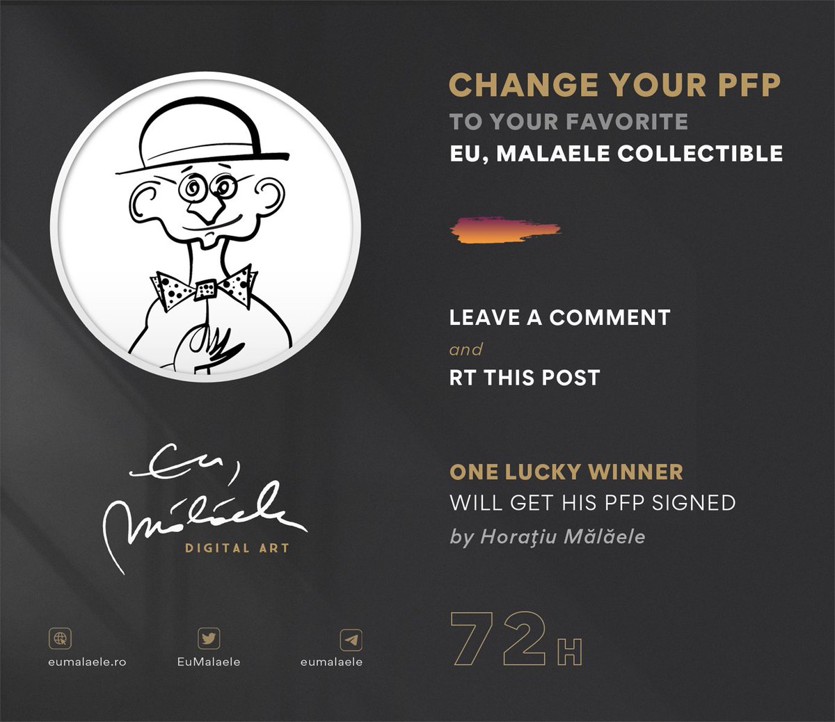 EuMalaele's tweet photo. Is changing the PFP still a thing?
Let's make a giveaway out of it!

How? 👀
- Change your PFP to your favorite @EuMalaele  collectible
- Leave a comment
- RT this post.

🎁 One lucky winner will get his PFP signed by Mr Horațiu Mălăele 

⏳72h

#giveaway #EuMalaele #MultiversX
