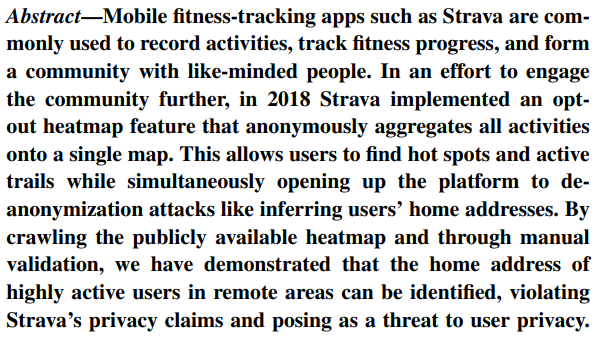 Joe Calandrino (@inplaintext) on Twitter photo Heat Marks the Spot: De-Anonymizing Users' Geographical Data on the Strava Heatmap
(Childs, Nolting, <a href="/AnupamDas009/">Anupam Das</a> - @cscncsu) #ConPro23
conpro23.ieee-security.org/papers/childs-… Heat Marks the Spot: De-Anonymizing Users' Geographical Data on the Strava Heatmap
(Childs, Nolting, <a href="/AnupamDas009/">Anupam Das</a> - @cscncsu) #ConPro23
conpro23.ieee-security.org/papers/childs-…